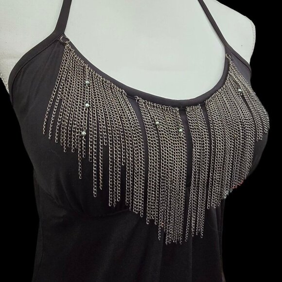 Urban Outfitters ✦ Chain Fringe Halter Top ✦ Black w/ Smocked Back & Tie Neck S - Picture 5 of 9